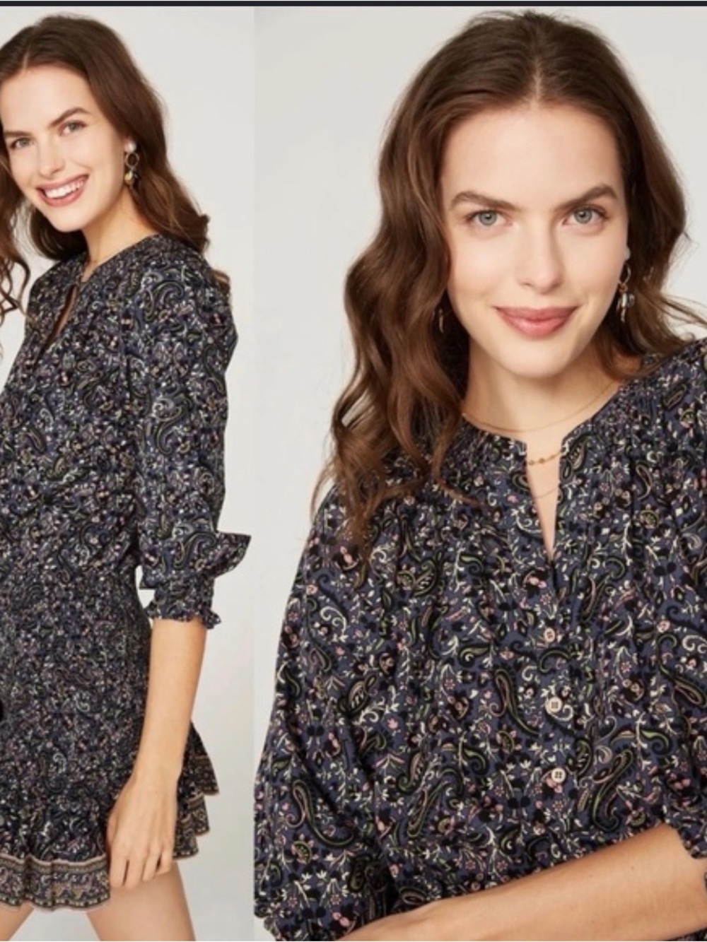 Veronica Beard Navy Paisley Long-Sleeve Peasant Top
